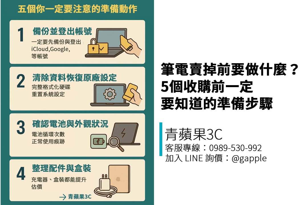 想賣掉筆電前一定要做這 5 件事：資料備份、帳號清除、配件準備、電池檢查、LINE 詢價。讓你回收更安全、估價更漂亮！