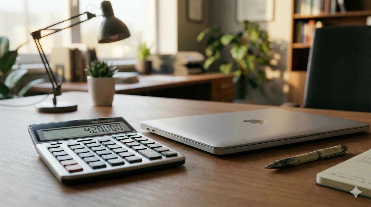 計算機放置在筆記型電腦旁象徵價格試算 / Calculator placed next to a closed laptop indicating price calculation